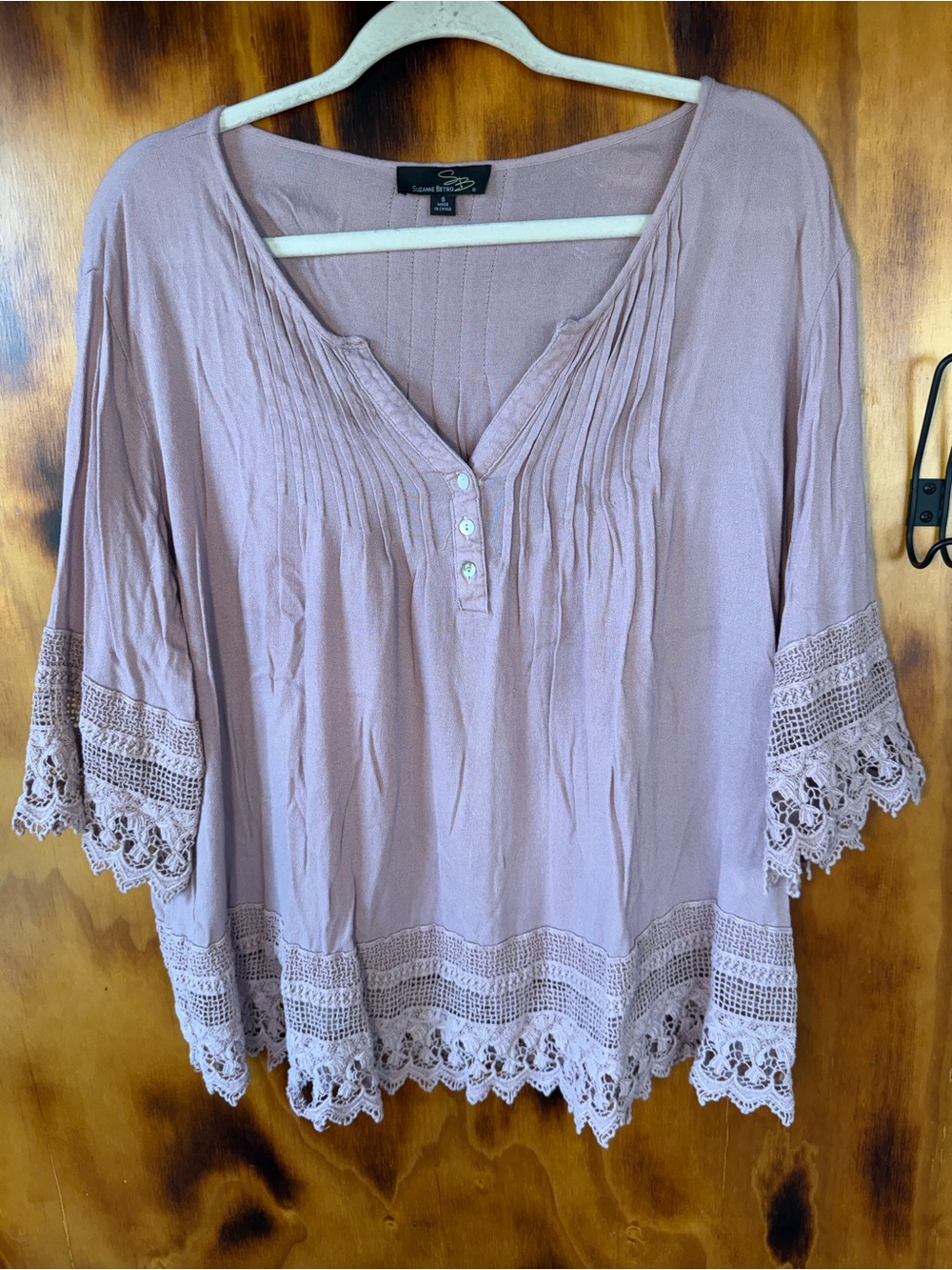 Suzanne Betro Dusty Lavender Crochet-Trim Peasant Blouse
